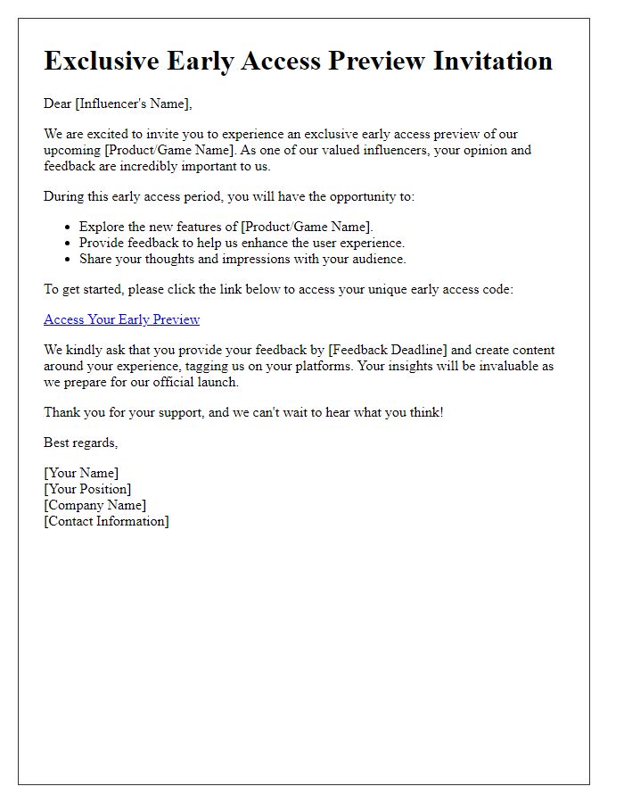 Letter template of early access preview for influencers