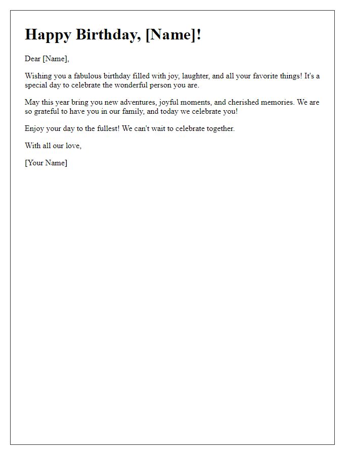 Letter template of cheerful birthday greetings for a family member