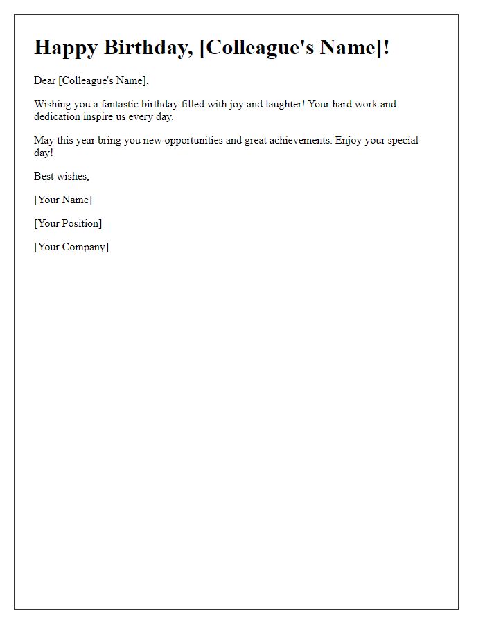 Letter template of professional birthday message for a colleague