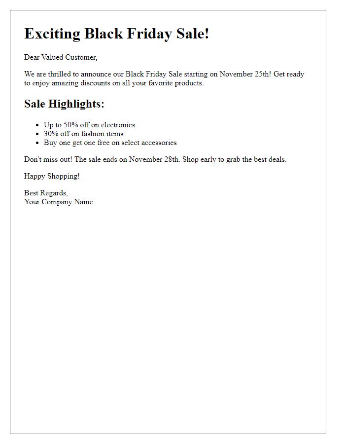 Letter template of Black Friday sale notification