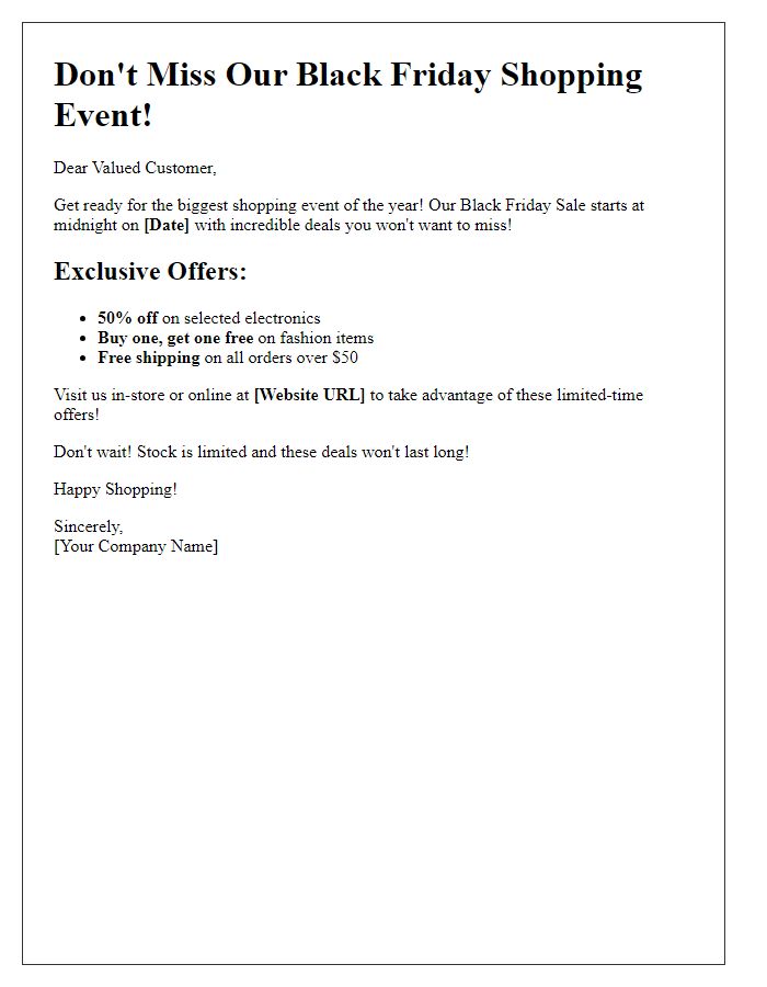 Letter template of Black Friday shopping event alert