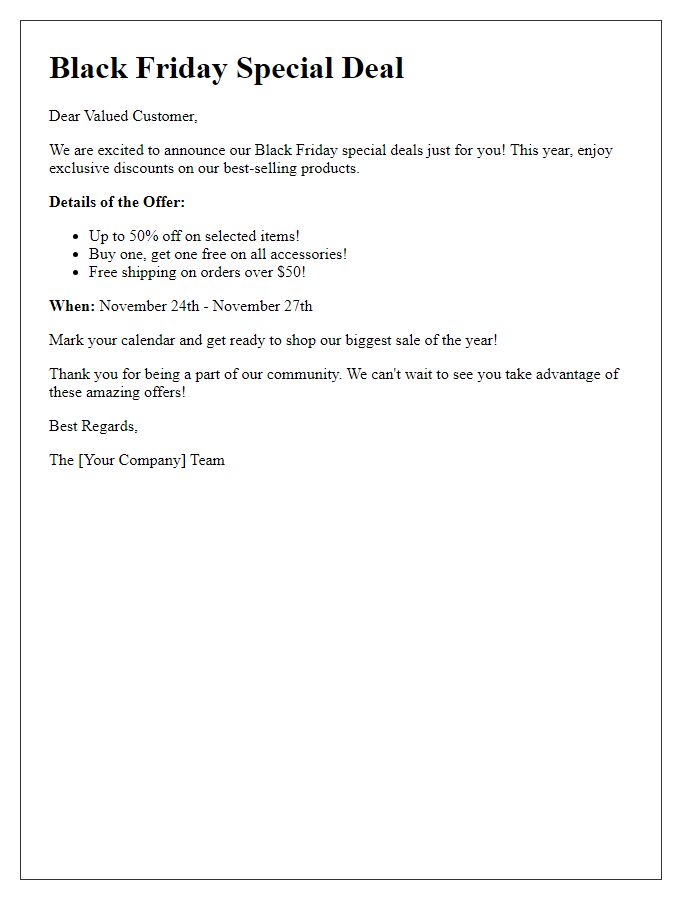 Letter template of Black Friday special deal notification