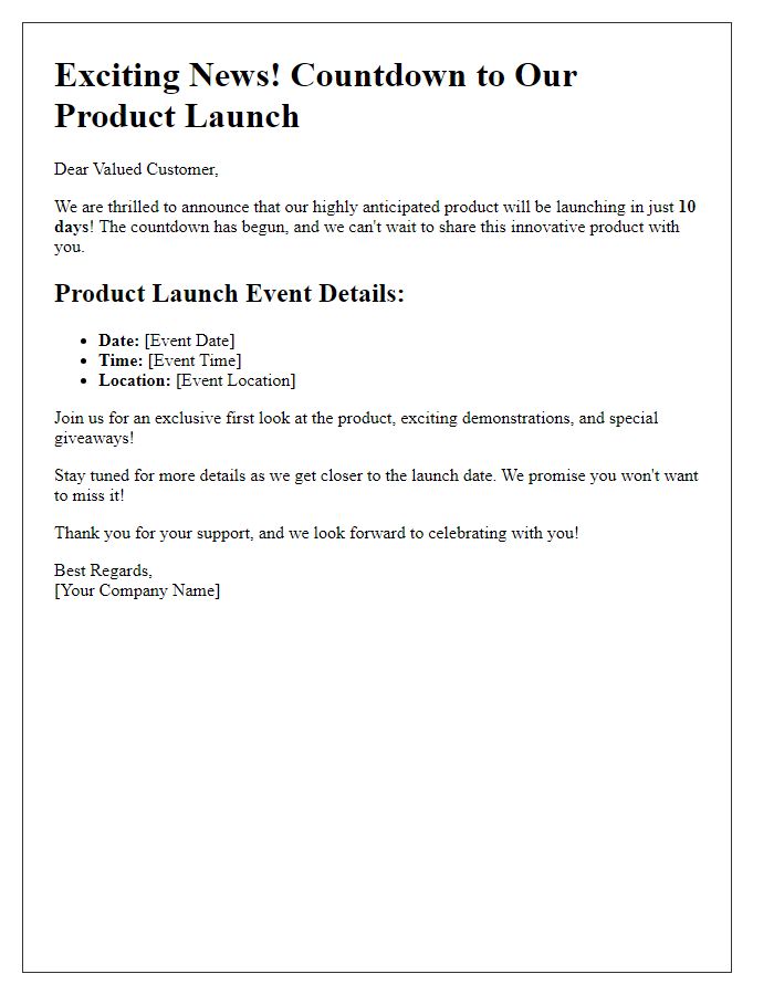 Letter template of a countdown to exciting product launch event