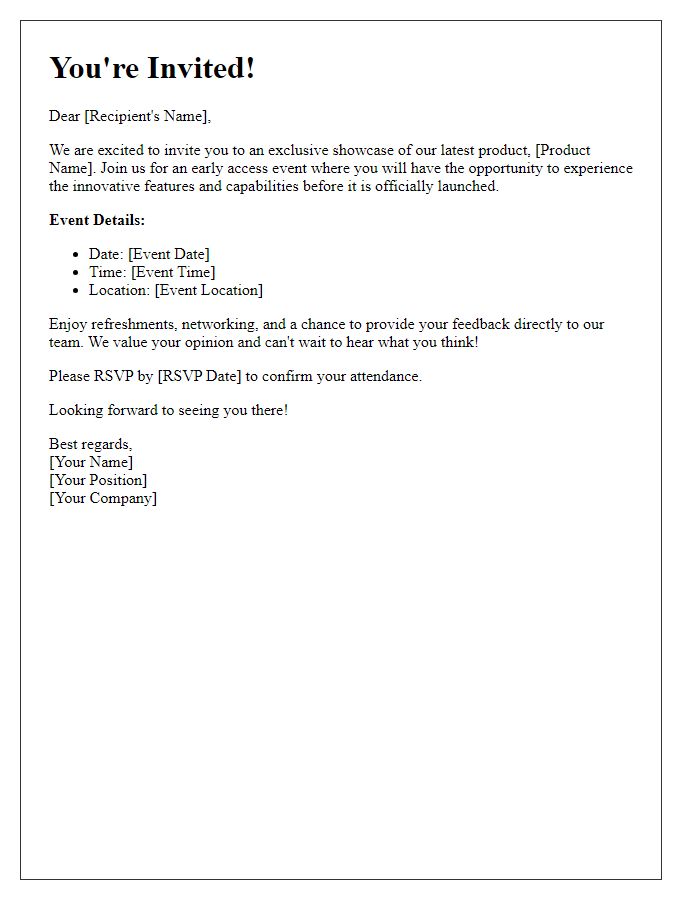 Letter template of an invitation to an early access product showcase