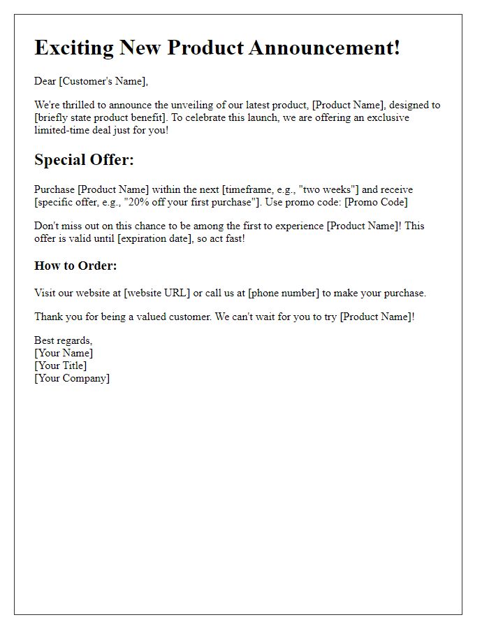 Letter template of a limited-time offer for a new product unveiling