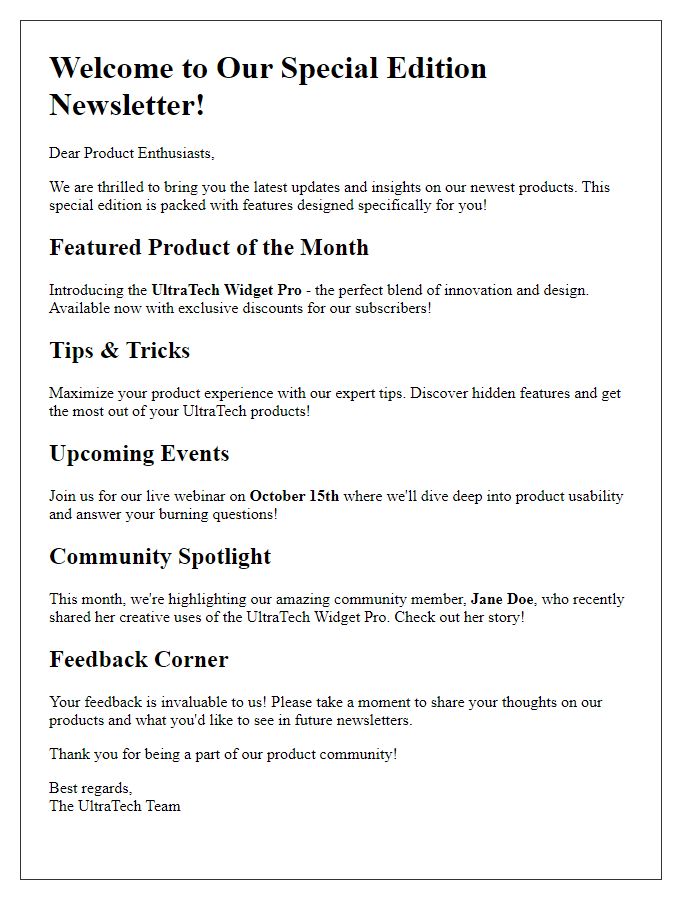 Letter template of a special newsletter for product enthusiasts