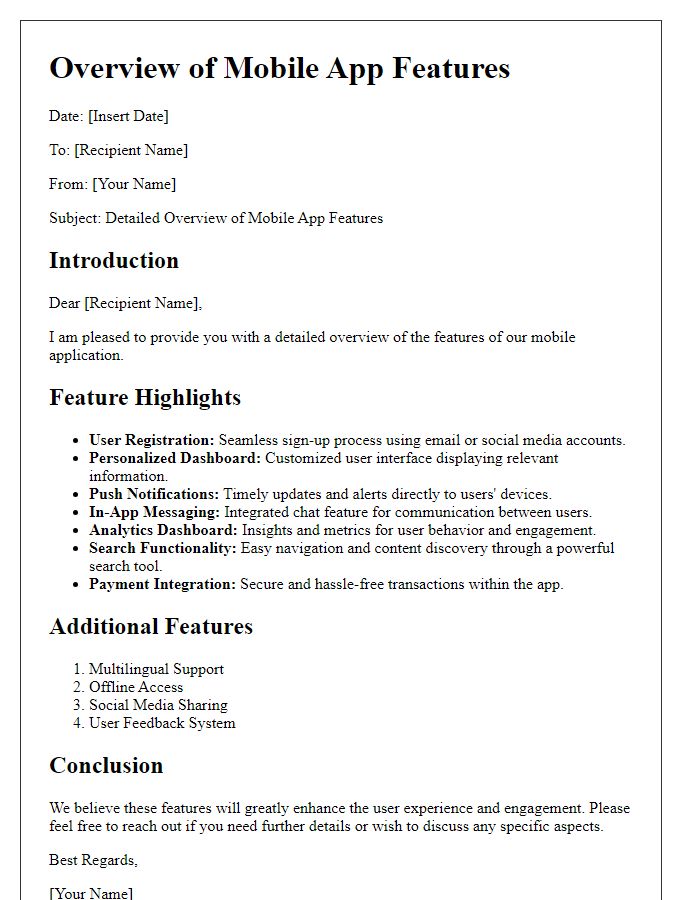 Letter template of Detailed Overview of Mobile App Features