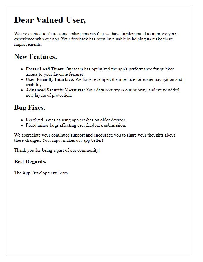 Letter template of Enhancements to Enhance Your App Experience