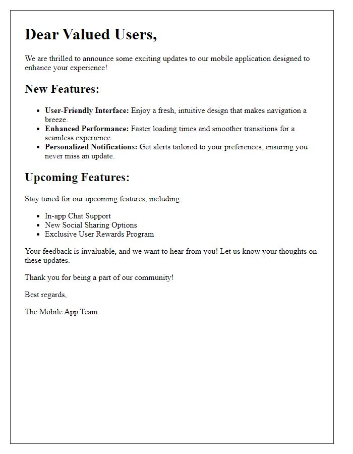 Letter template of Exciting Updates to Our Mobile Application