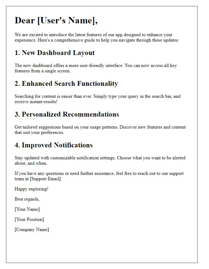 Letter template of Guide to Navigating New App Features