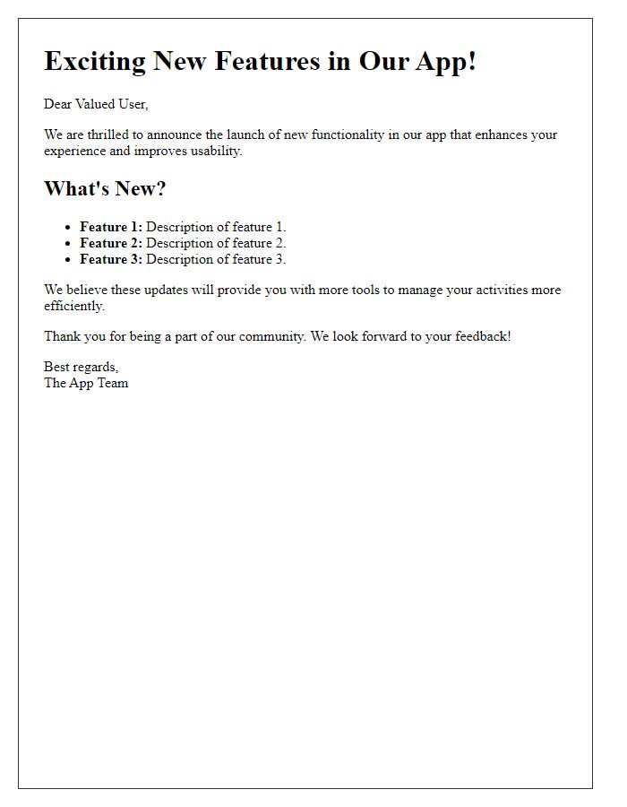 Letter template of Introducing New Functionality in Our App
