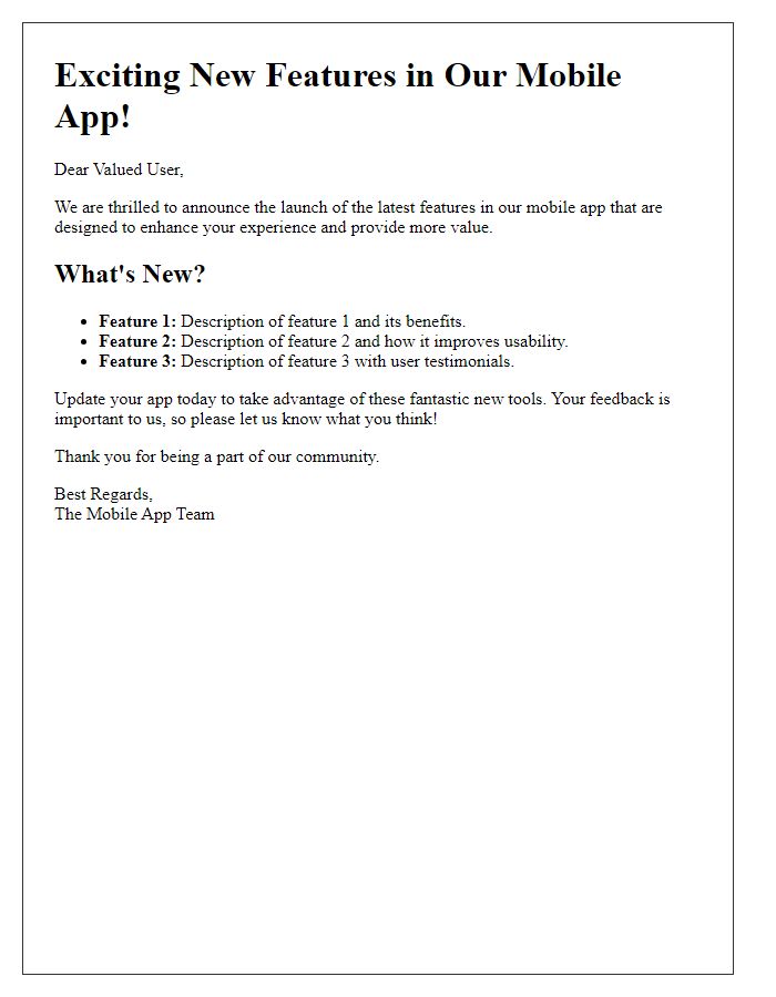 Letter template of Launching the Latest Features in Our Mobile App