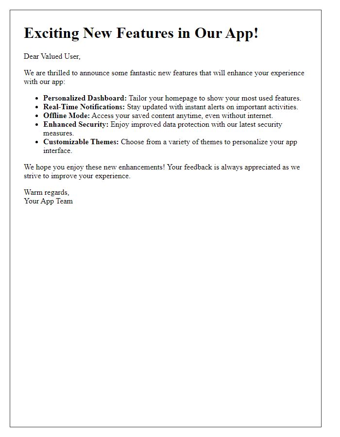 Letter template of Mobile App Feature Highlights for Users
