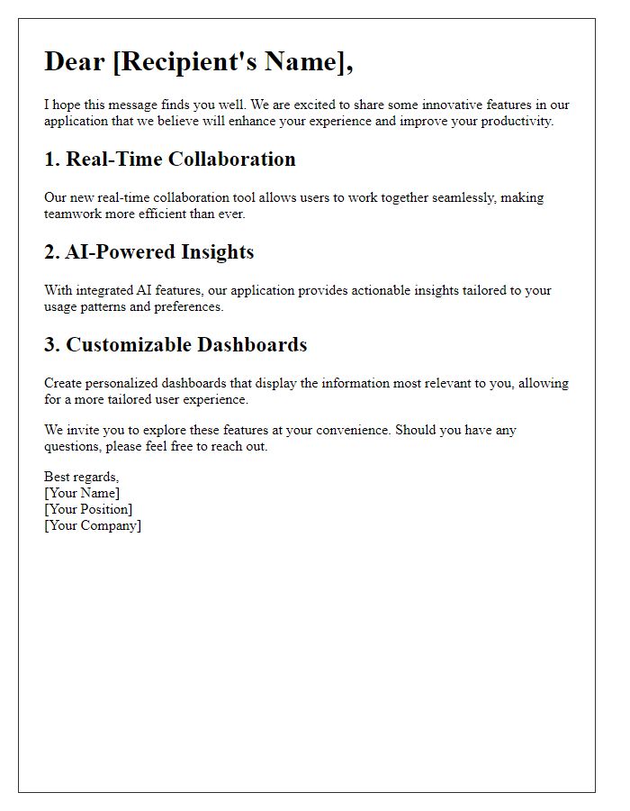 Letter template of Showcasing Innovative Features in Our Application