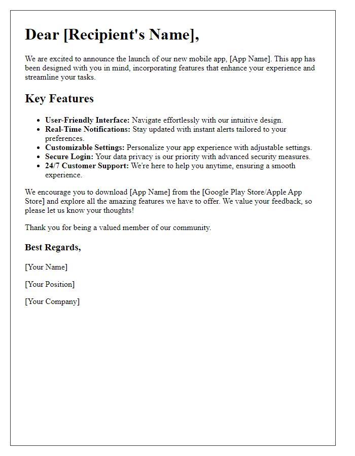 Letter template of Unveiling Key Features of Our App