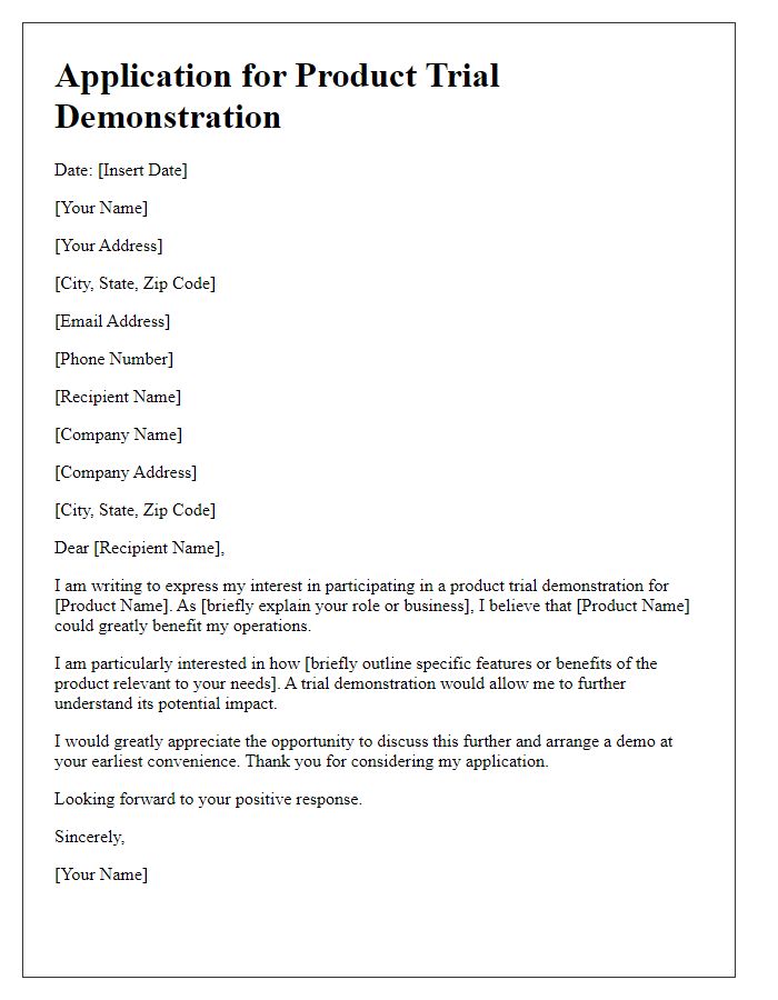 Letter template of application for a product trial demonstration