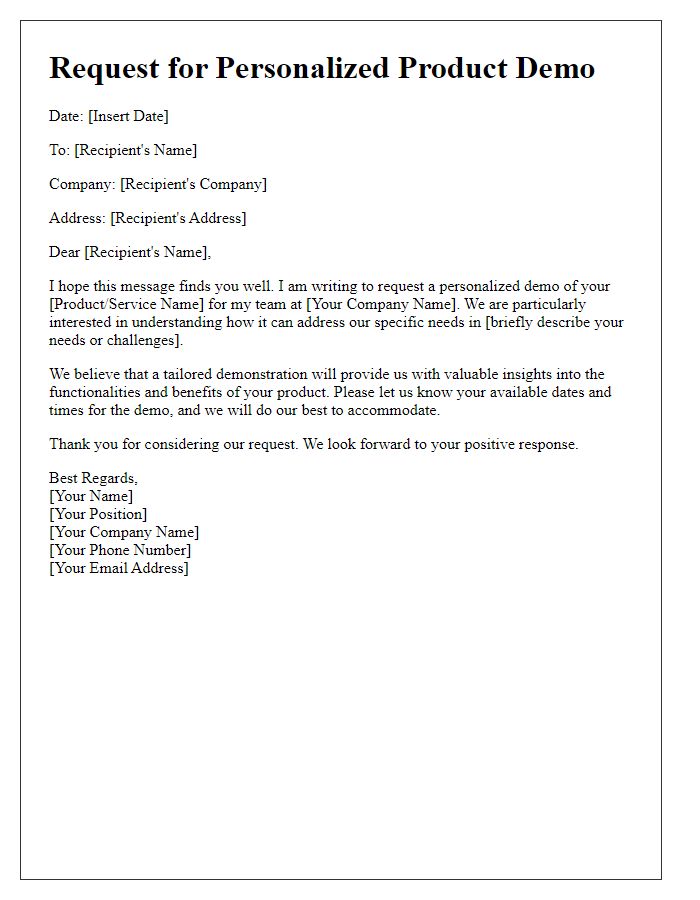 Letter template of requirement for a personalized product demo