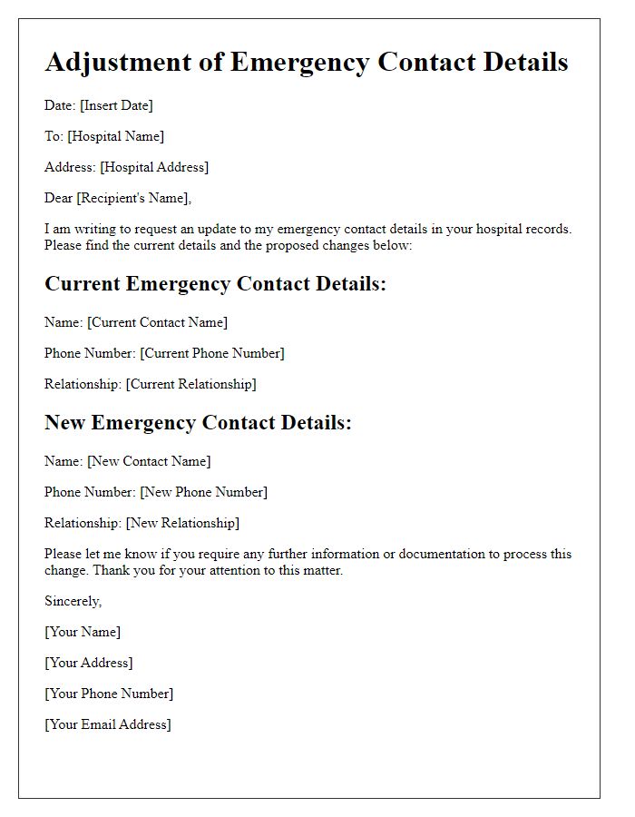 Letter template of adjusting emergency contact details in hospital documentation.