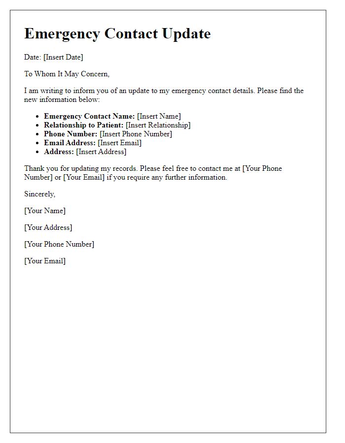 Letter template of providing new emergency contact details to hospital.