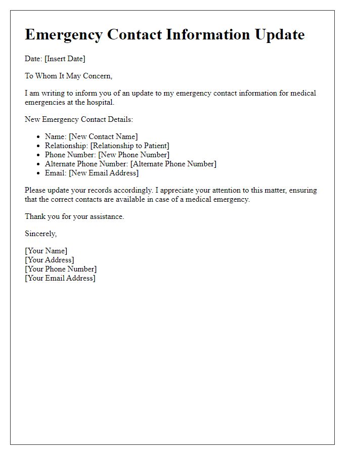 Letter template of revising emergency contact information for medical emergencies at the hospital.