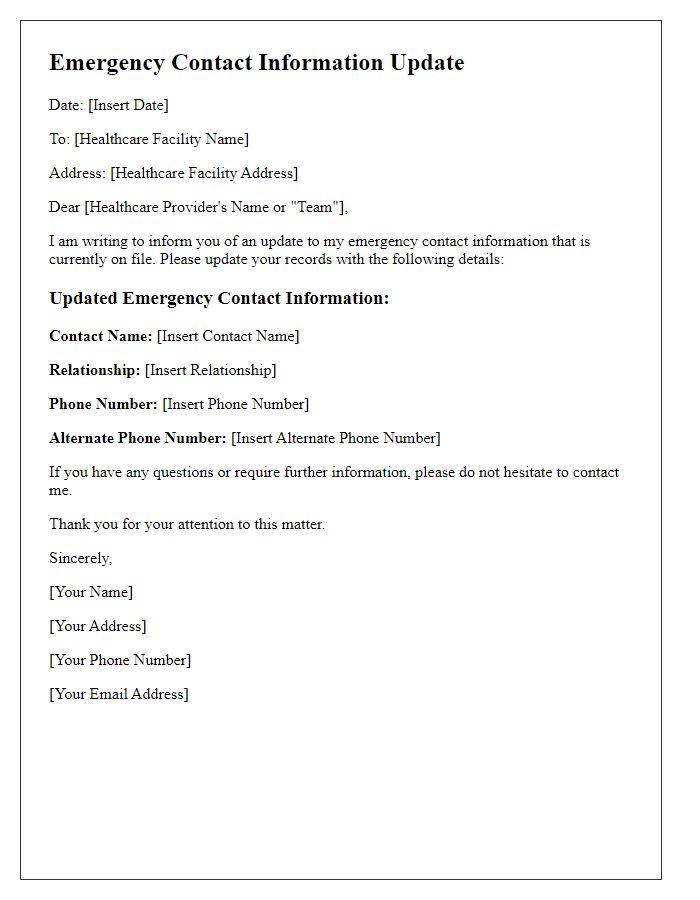 Letter template of submitting updated emergency contact information to healthcare facility.