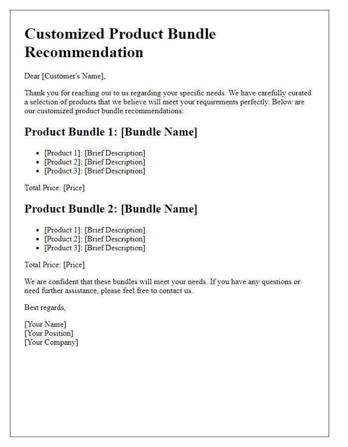 Letter template of customized product bundle recommendations for specific needs.