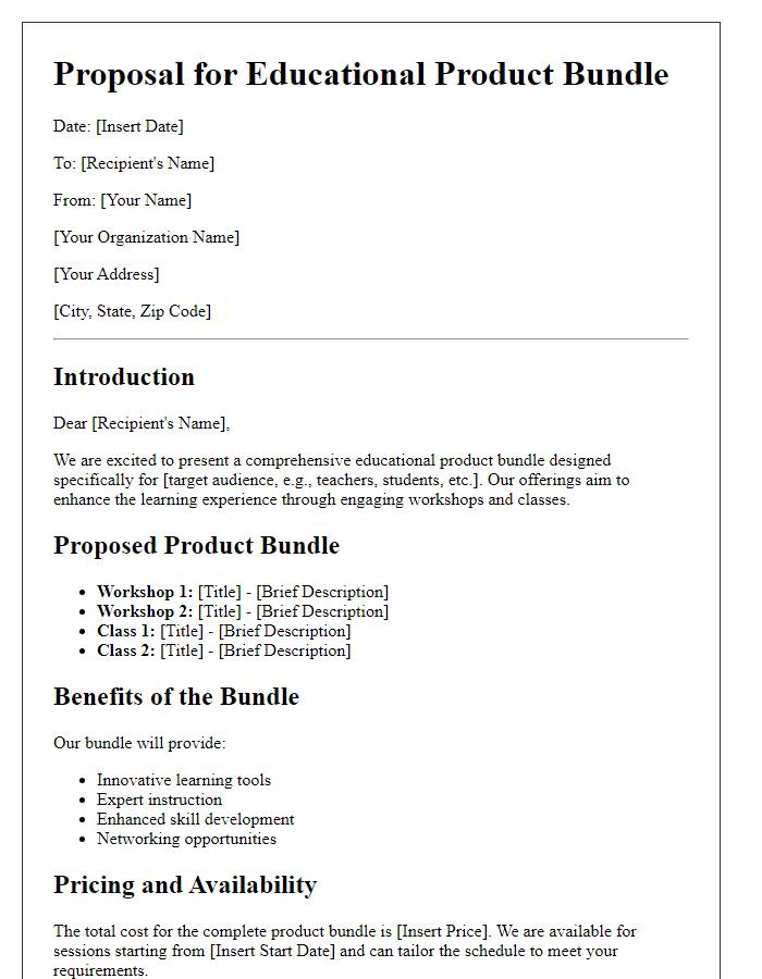 Letter template of educational product bundle proposal for workshops or classes.