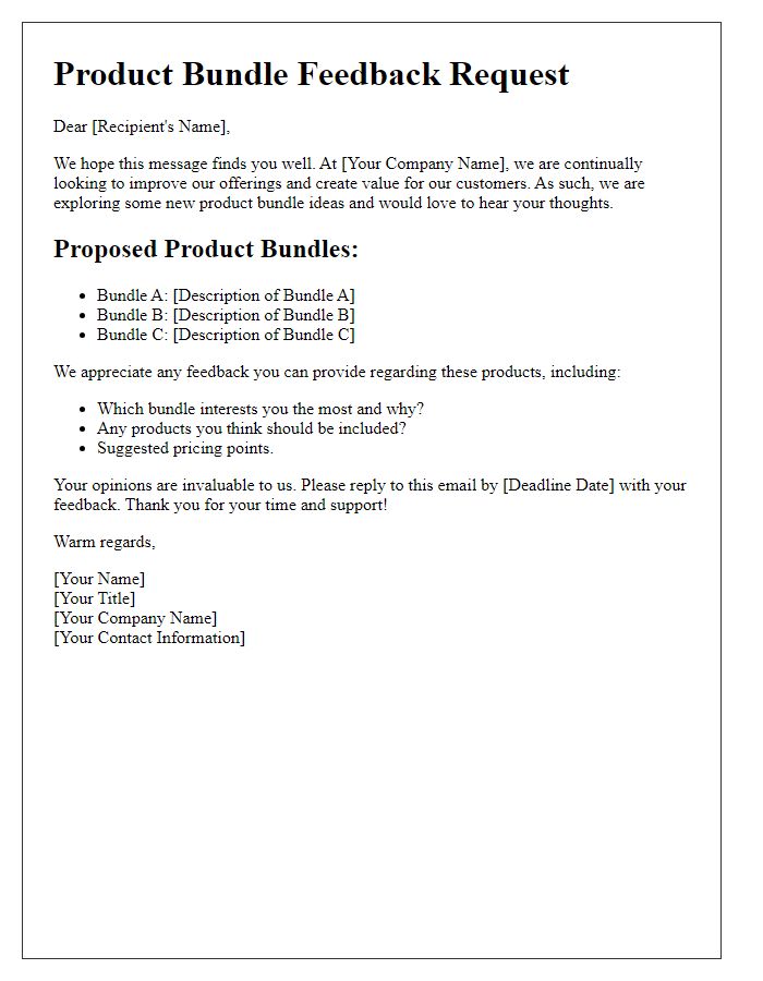 Letter template of feedback request on potential product bundle ideas.