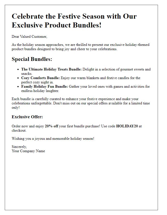 Letter template of holiday-themed product bundle promotion for festive occasions.