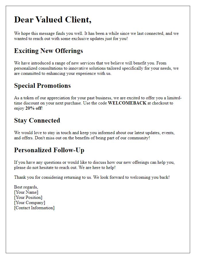 Letter template of exclusive updates for lapsed clients
