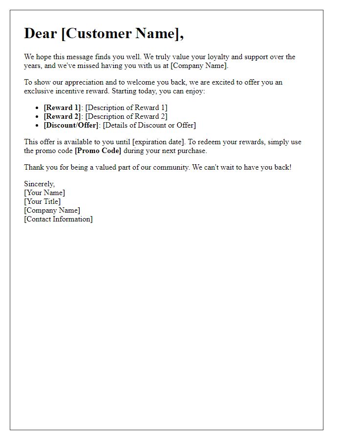 Letter template of incentive rewards for win-back strategy