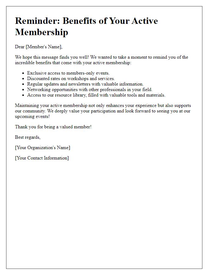 Letter template of reminder on benefits of active membership