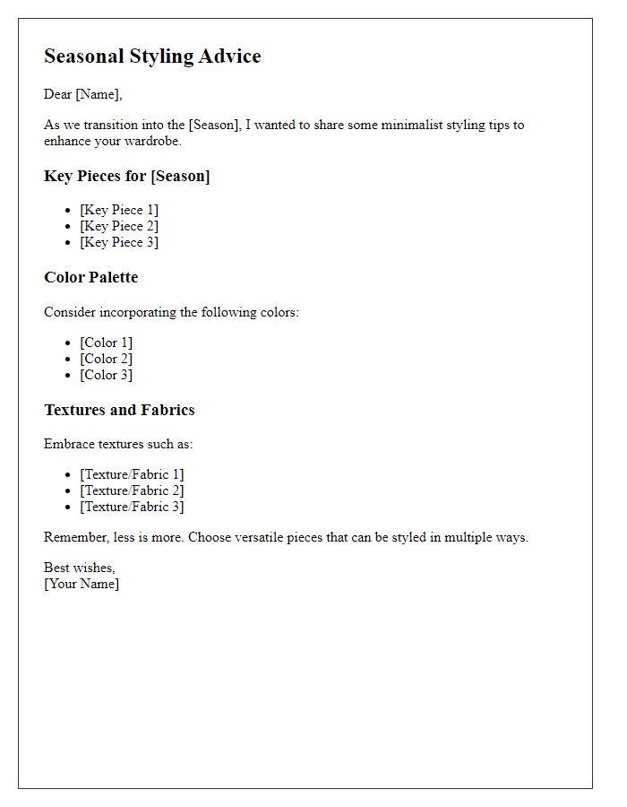 Letter template of minimalist seasonal styling advice