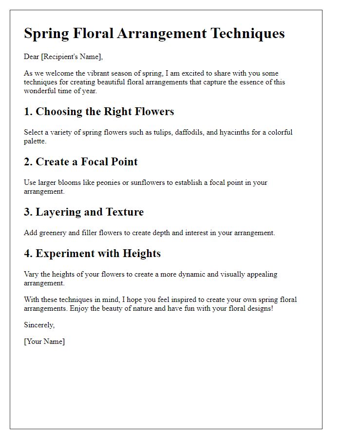 Letter template of spring floral arrangement techniques