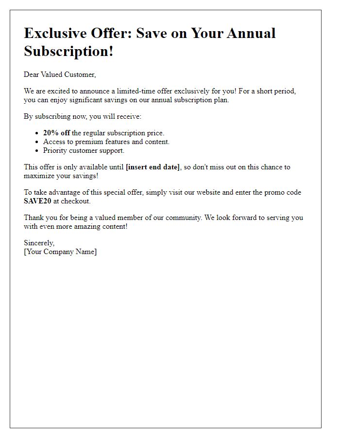 Letter template of limited-time annual subscription savings