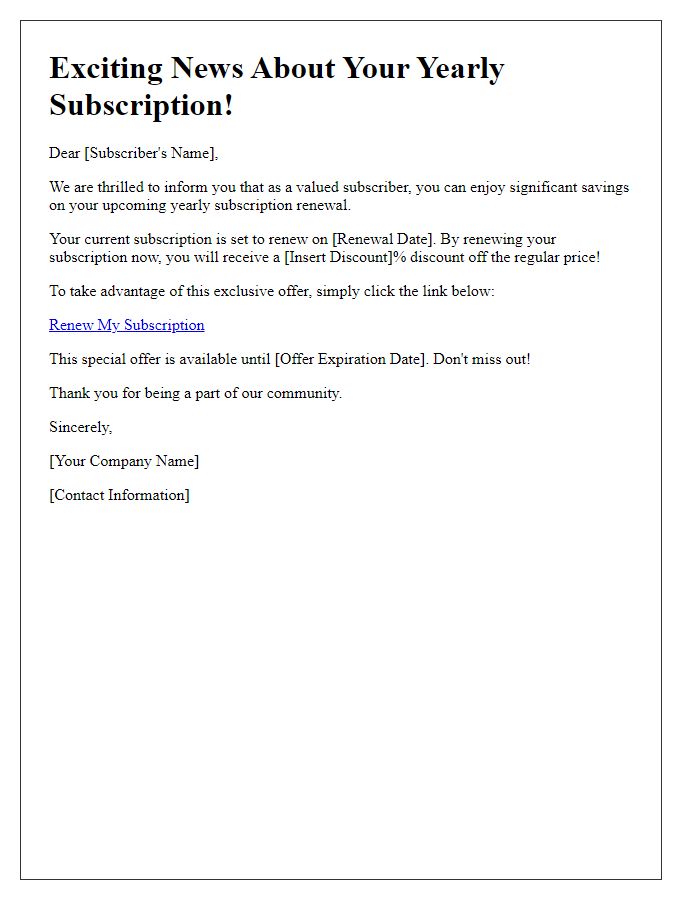 Letter template of savings on your upcoming yearly subscription