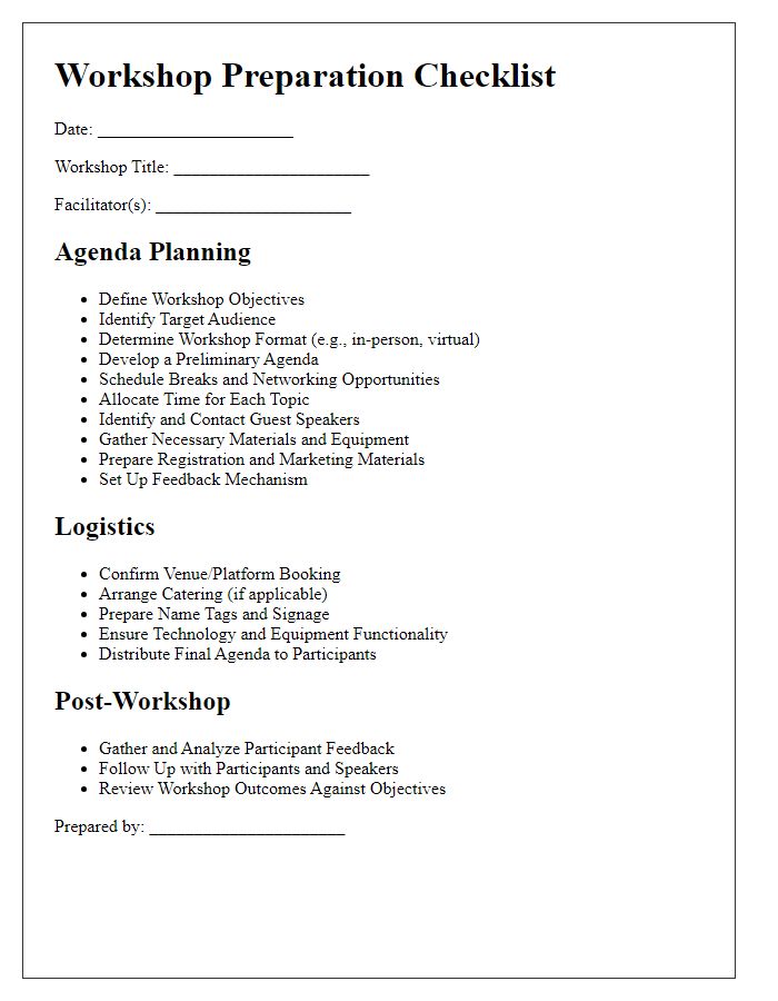 Letter template of workshop preparation checklist for agenda planning