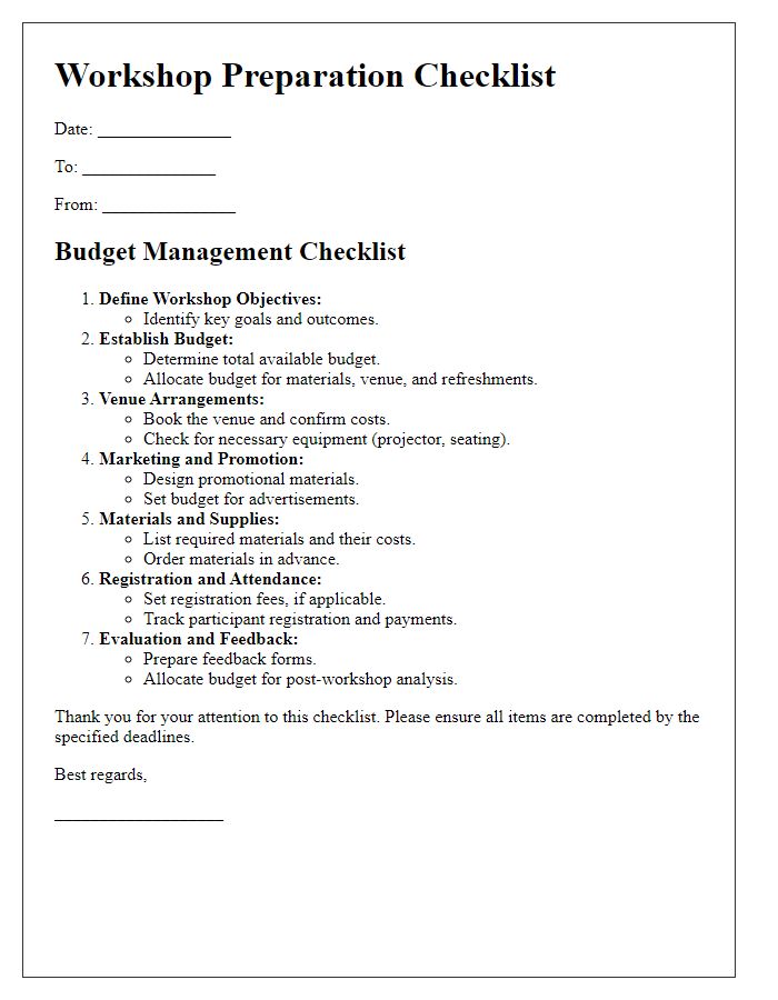 Letter template of workshop preparation checklist for budget management