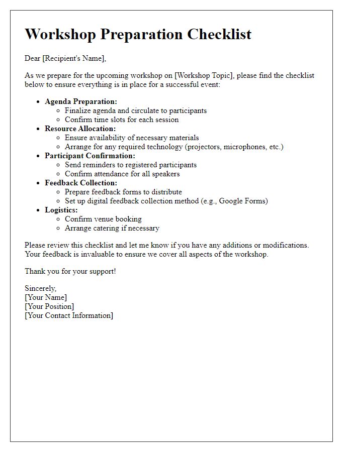 Letter template of workshop preparation checklist for feedback collection