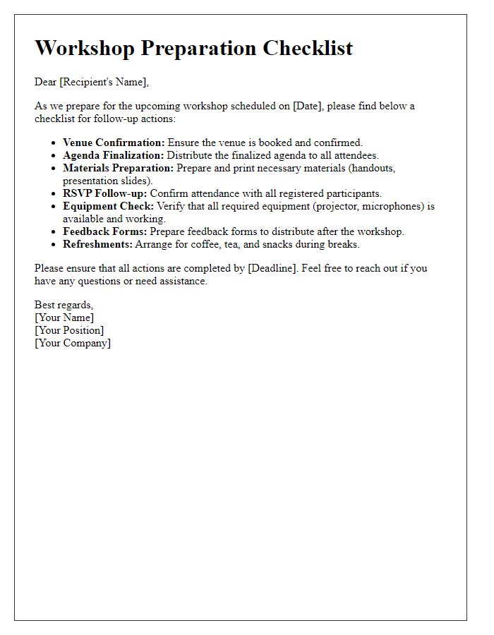 Letter template of workshop preparation checklist for follow-up actions