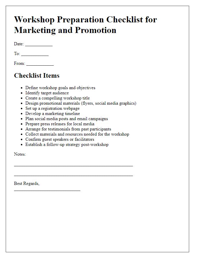 Letter template of workshop preparation checklist for marketing and promotion