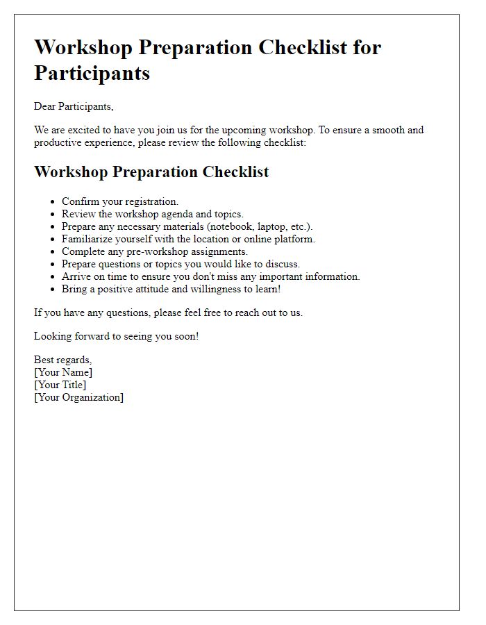 Letter template of workshop preparation checklist for participants