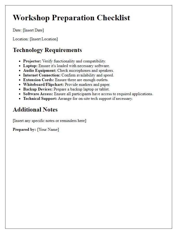 Letter template of workshop preparation checklist for technology requirements