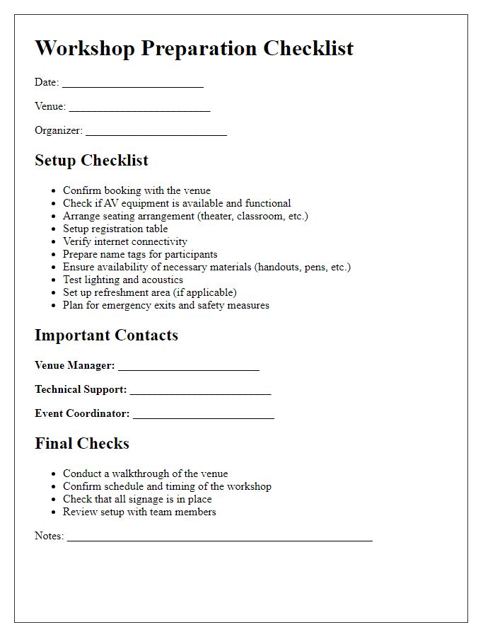 Letter template of workshop preparation checklist for venue setup