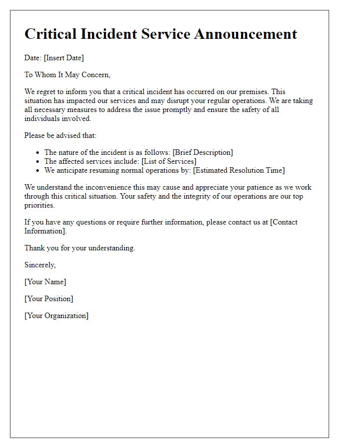 Letter template of critical incident service announcement