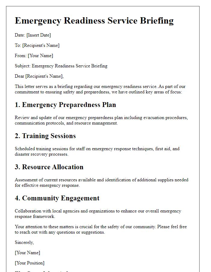 Letter template of emergency readiness service briefing