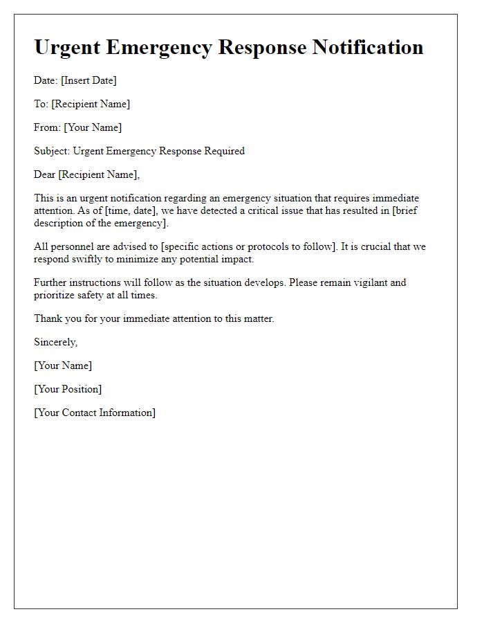 Letter template of urgent emergency response notification