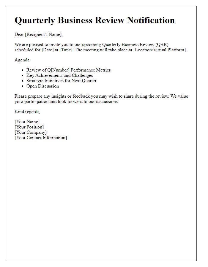 Letter template of quarterly business review notification