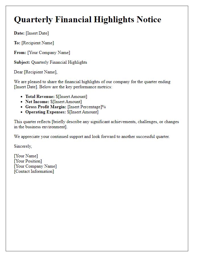 Letter template of quarterly financial highlights notice