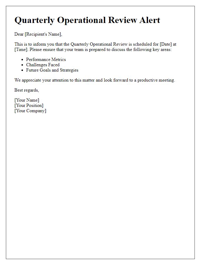 Letter template of quarterly operational review alert